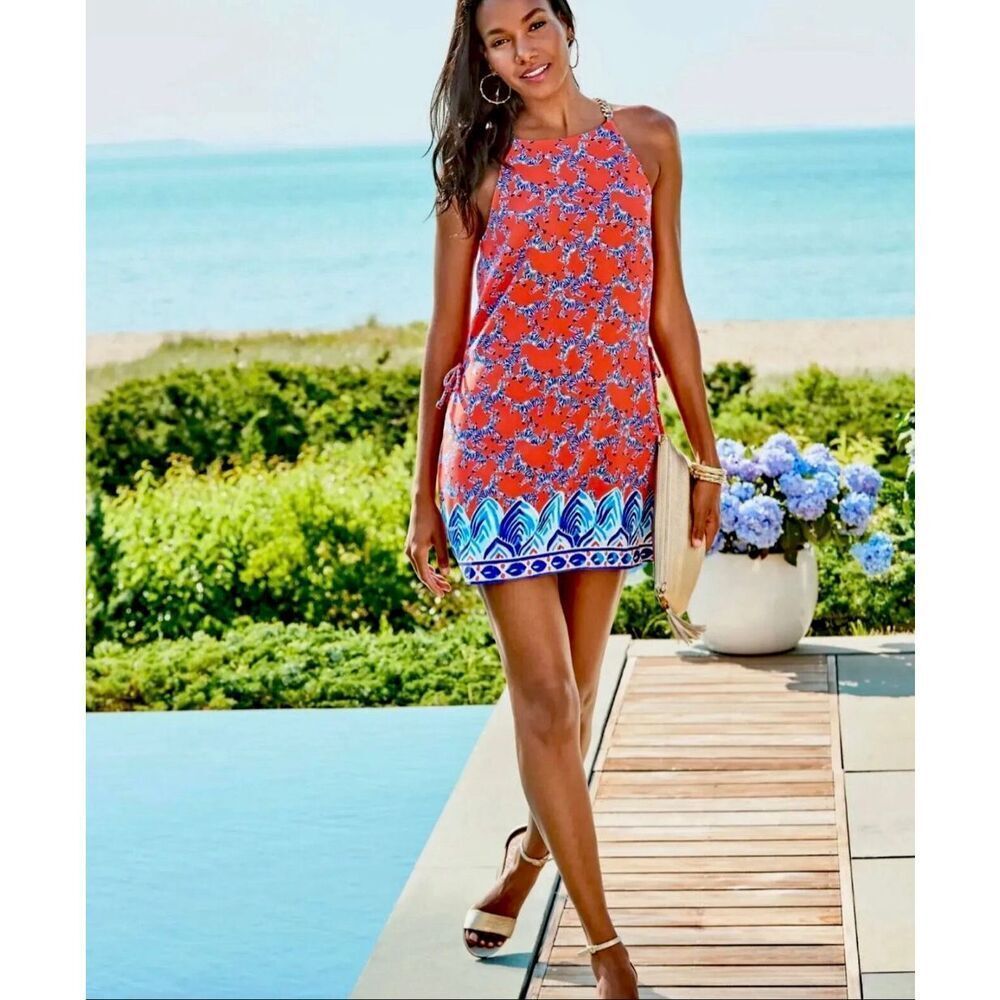 Lilly Pulitzer Picante Coral Heebee Zeebee Pearl Skort Romper Chain Straps Sz 4